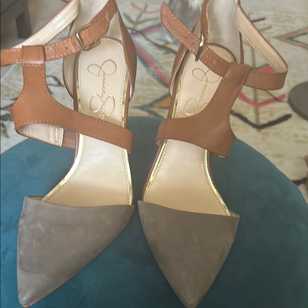 Jessica Simpson Gray and Brown Pointed-Toe Heels